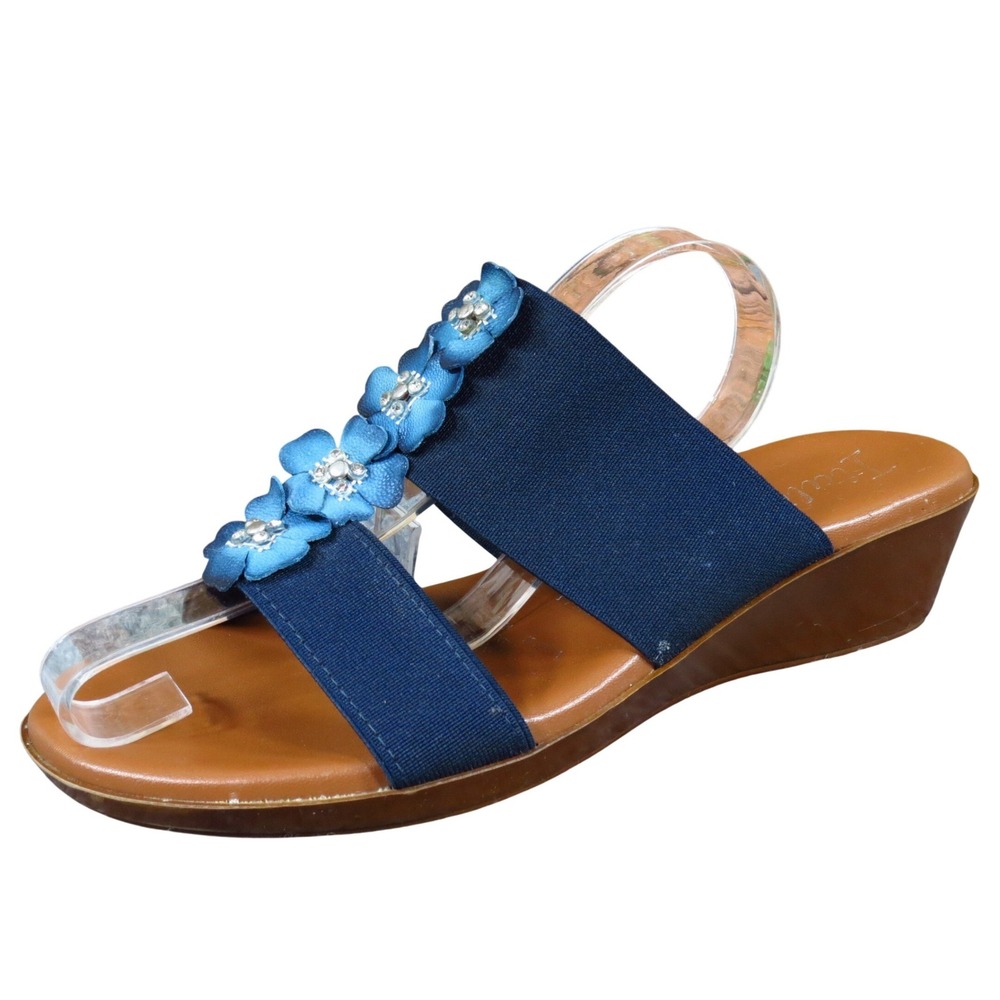 Italiana Jessa Women 7 Navy‎ Textile Wedge Sandals Floral Comfort Casual
